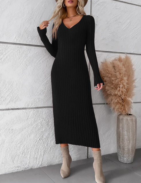 Black Solid Color V Neck Long Sleeve Sweater Dress