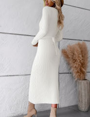 White Solid Color V Neck Long Sleeve Sweater Dress