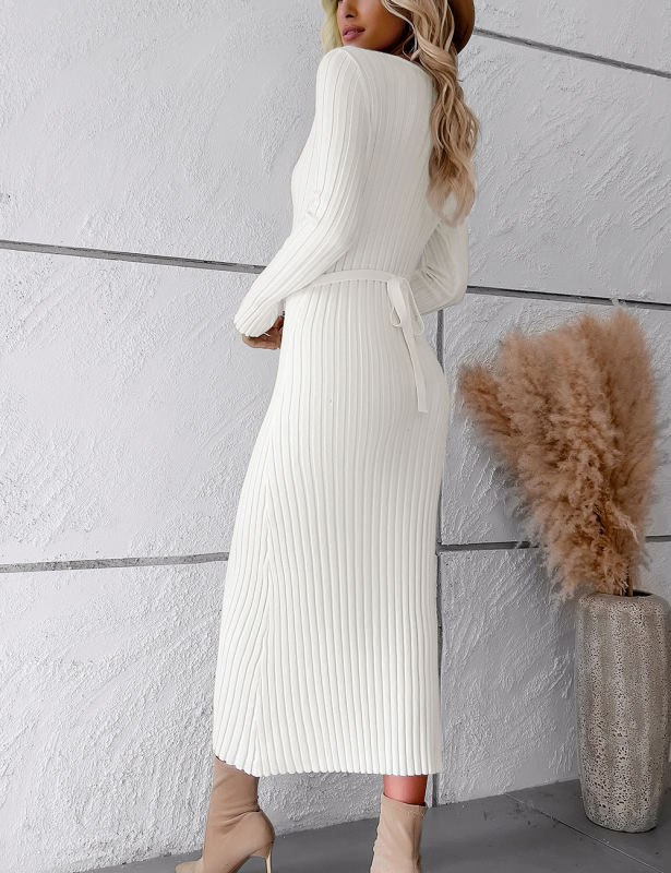 White Solid Color V Neck Long Sleeve Sweater Dress