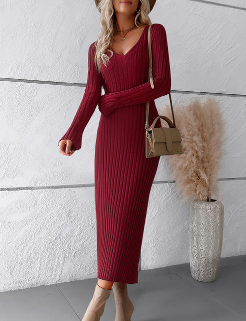 Wine Red Solid Color V Neck Long Sleeve Sweater Dress