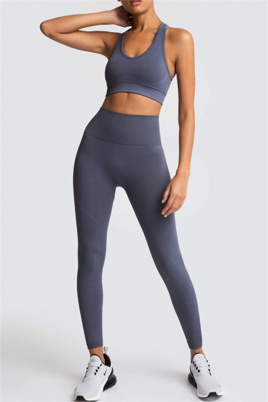 Dark Grey Solid Color Sports Bra and High Waist Leggings Active Set