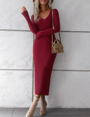 Wine Red Solid Color V Neck Long Sleeve Sweater Dress