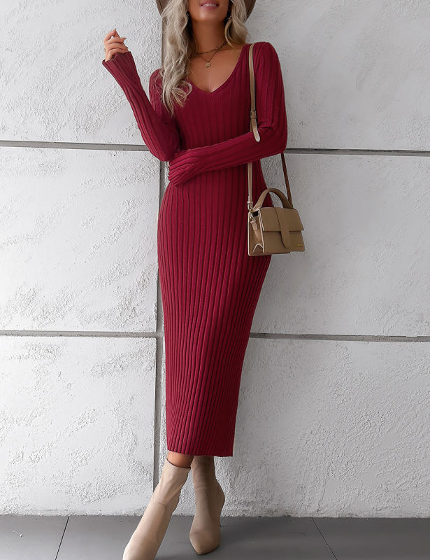 Wine Red Solid Color V Neck Long Sleeve Sweater Dress