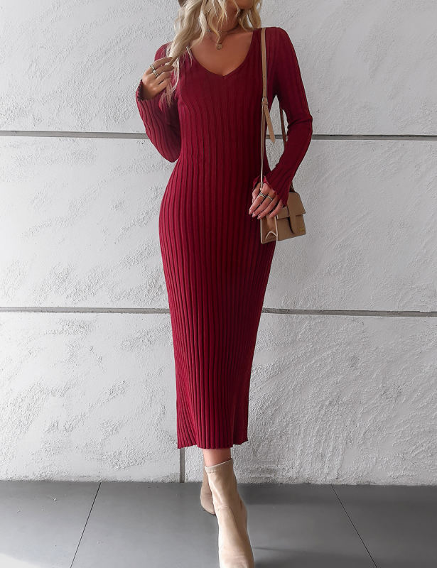 Wine Red Solid Color V Neck Long Sleeve Sweater Dress