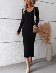 Black Solid Color V Neck Long Sleeve Sweater Dress