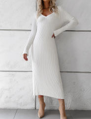 White Solid Color V Neck Long Sleeve Sweater Dress