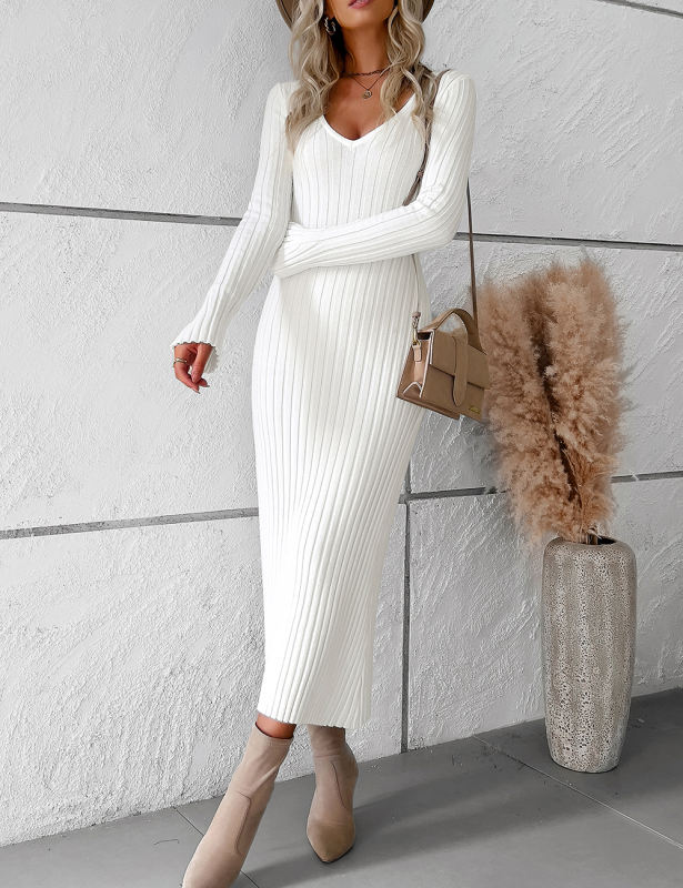 White Solid Color V Neck Long Sleeve Sweater Dress