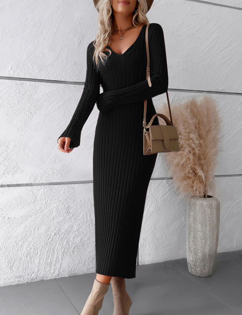 Black Solid Color V Neck Long Sleeve Sweater Dress