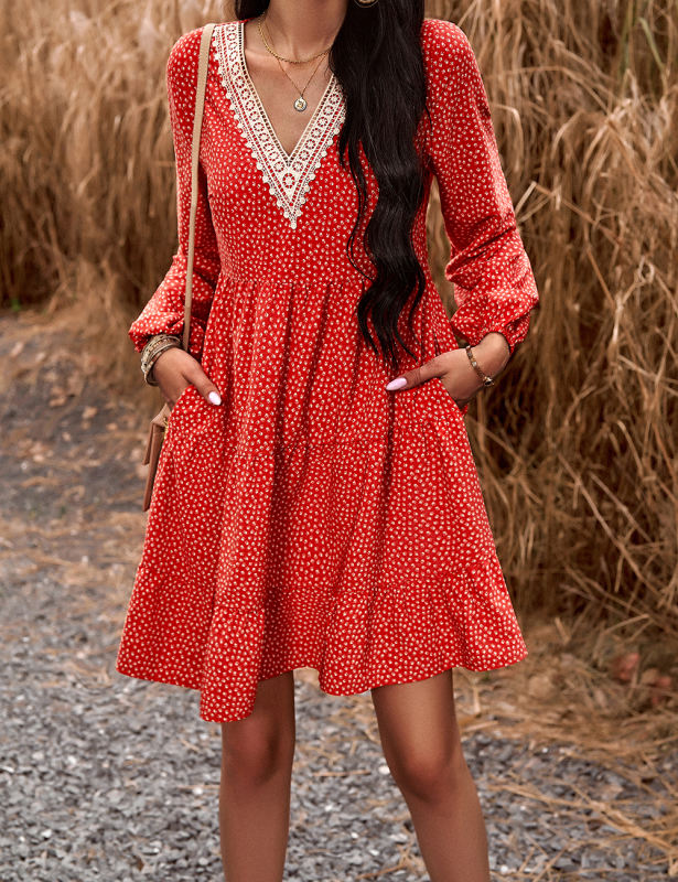 Red Spliced Lace V Neck Tiered Print Dress