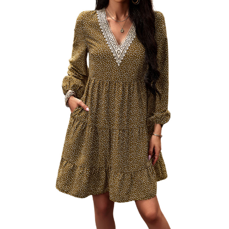 Brown Spliced Lace V Neck Tiered Print Dress