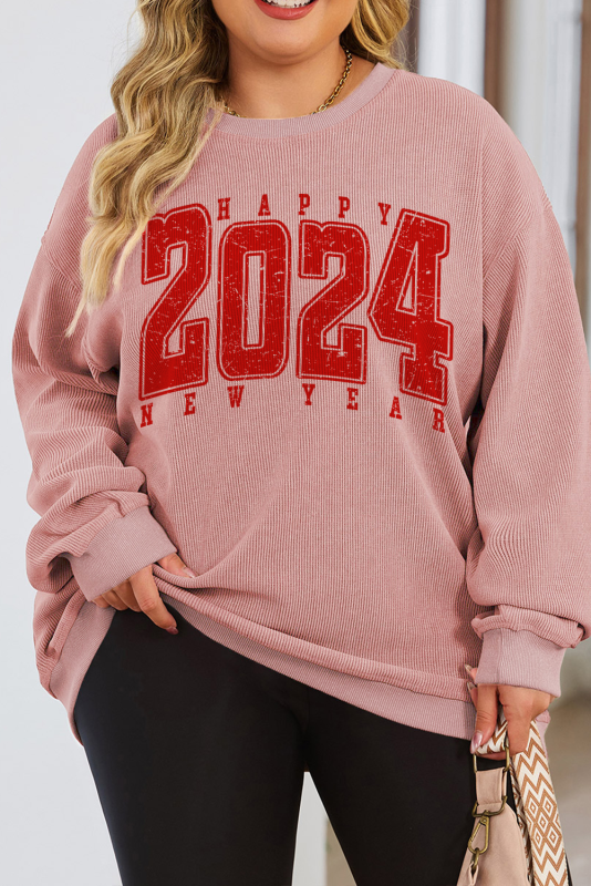 Pink 2024 HAPPY NEW YEAR Plus Size Corded Sweatshirt