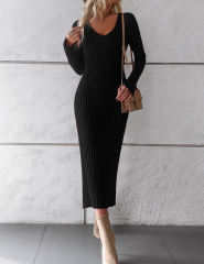 Black Solid Color V Neck Long Sleeve Sweater Dress