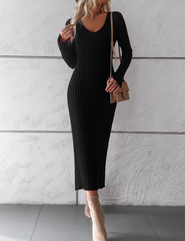 Black Solid Color V Neck Long Sleeve Sweater Dress