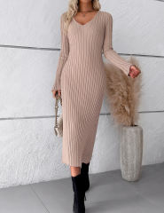 Khaki Solid Color V Neck Long Sleeve Sweater Dress