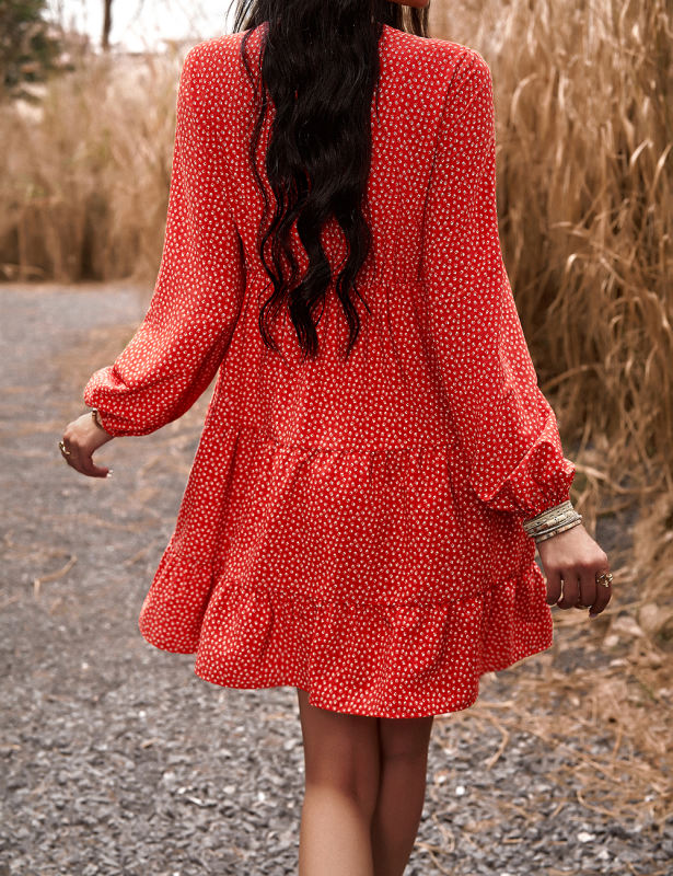 Red Spliced Lace V Neck Tiered Print Dress