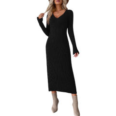 Black Solid Color V Neck Long Sleeve Sweater Dress