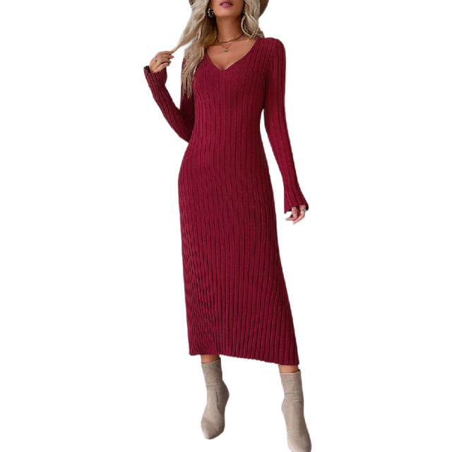Wine Red Solid Color V Neck Long Sleeve Sweater Dress