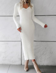 White Solid Color V Neck Long Sleeve Sweater Dress