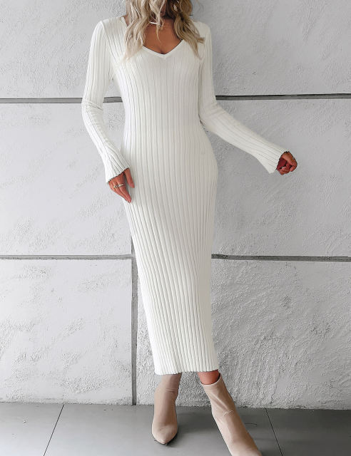 White Solid Color V Neck Long Sleeve Sweater Dress