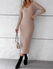 Khaki Solid Color V Neck Long Sleeve Sweater Dress