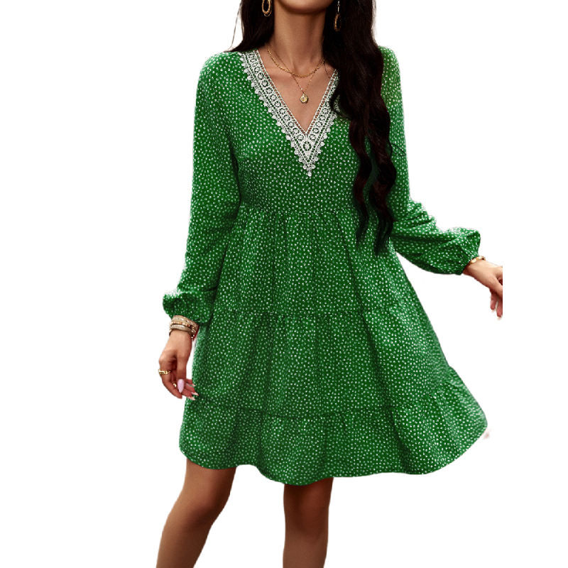 Green Spliced Lace V Neck Tiered Print Dress