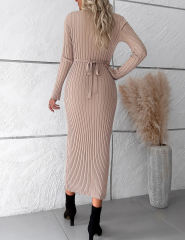 Khaki Solid Color V Neck Long Sleeve Sweater Dress