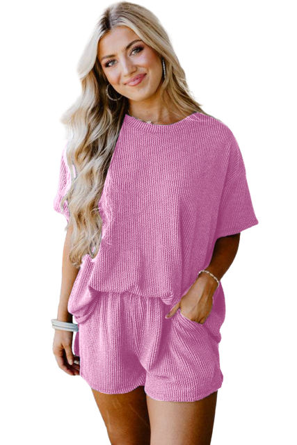 Ribbed Textured Knit Loose Fit Tee and Shorts Set