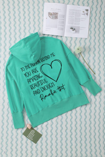 Sky Blue Valentine Heart &amp; Slogan Print Henley Hoodie