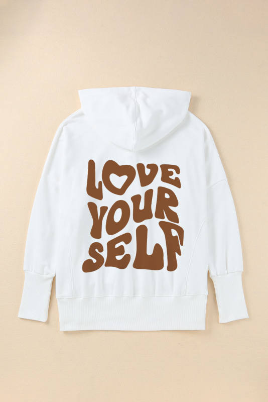 White LOVE YOURSELF Graphic Snap Buttons Pullover Hoodie