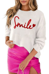 Beige Smile Chenille Embroidery Round Neck Casual Sweater