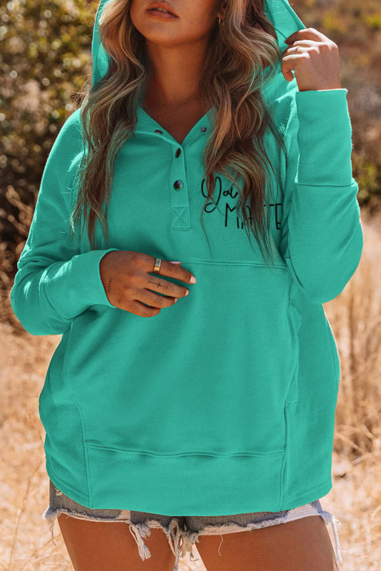 Sky Blue Valentine Heart &amp; Slogan Print Henley Hoodie