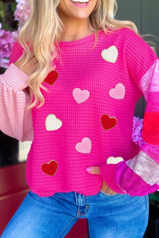 Rose Chenille Valentine Heart Asymmetric Sleeve Waffle Knit Top