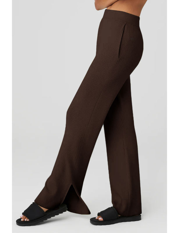Brown Solid Color Loose Fit Yoga Pants