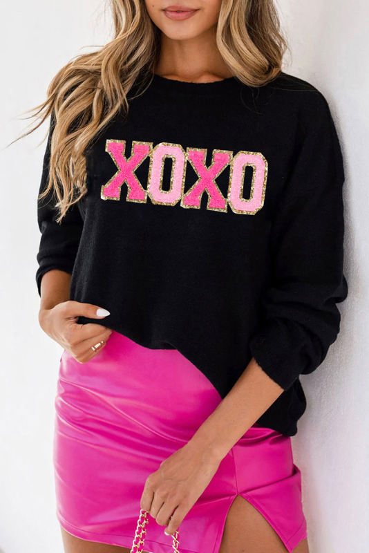 Color Black XOXO Round Neck Casual Sweater