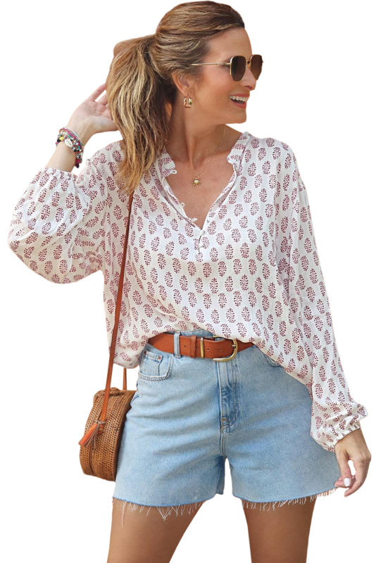 White Boho Print Long Sleeve Buttoned Blouse