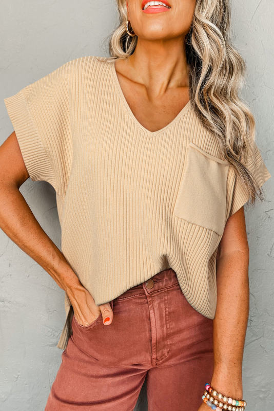 Apricot Ribbed V Neck Patched Chest Pocket Knit T-shirt