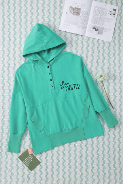 Sky Blue Valentine Heart &amp; Slogan Print Henley Hoodie