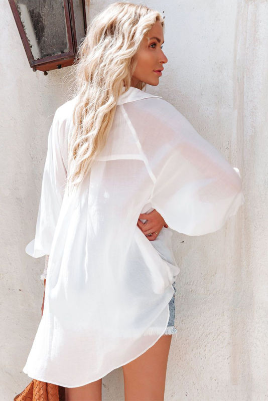 White Shirred Cuffs Bubble Sleeve Oversized Shirt