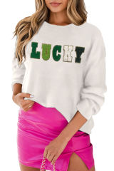 White Chenille Embroidered LUCKY Round Neck Casual Sweater