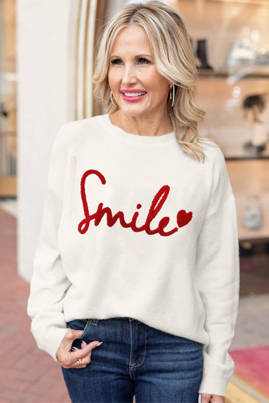Beige Smile Round Neck Casual Sweater