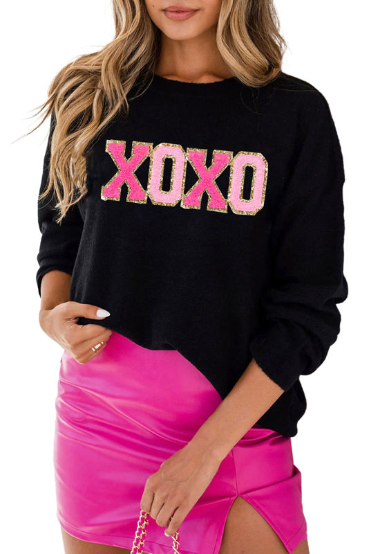 Color Black XOXO Round Neck Casual Sweater