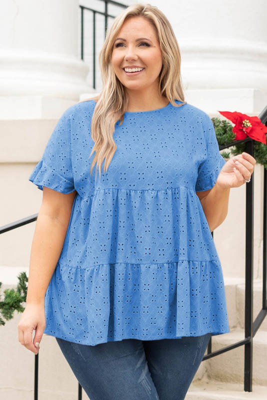 Blue Plus Size Eyelet Pattern Ruffle Sleeve Babydoll Top