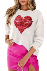 Oatmeal Tinsel Heart Embroidered Round Neck Casual Sweater