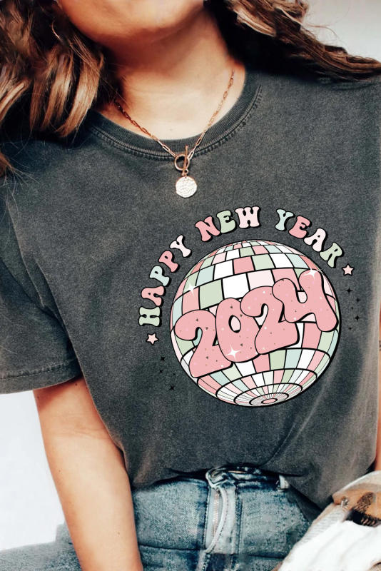 Black 2024 HAPPY NEW YEAR Graphic Mineral Wash Tee