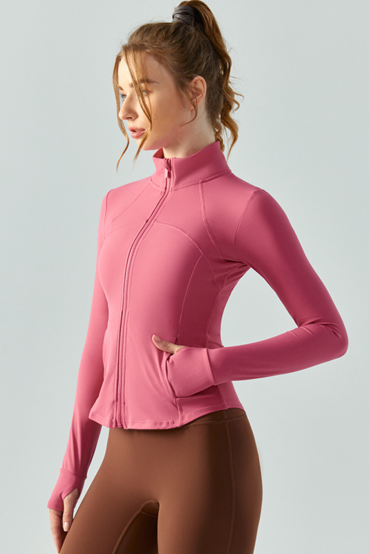 Mineral Red Solid Zipper Stand Neck Yoga Jacket