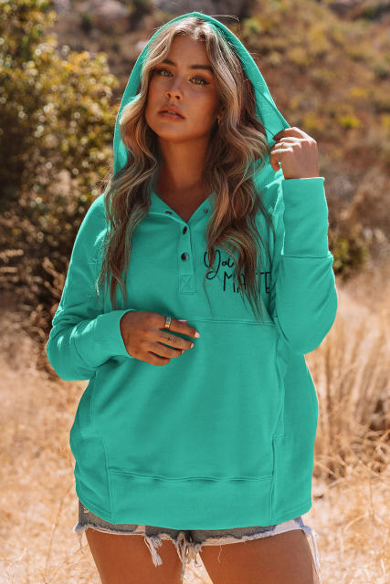 Sky Blue Valentine Heart &amp; Slogan Print Henley Hoodie