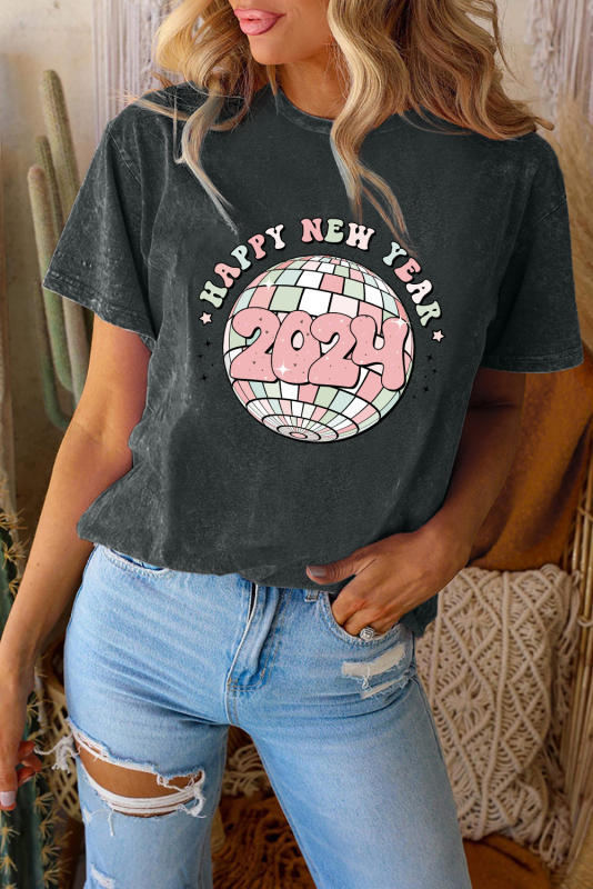 Black 2024 HAPPY NEW YEAR Graphic Mineral Wash Tee