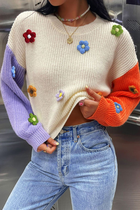 Multicolour Flower Applique Colorblock Drop Shoulder Sweater