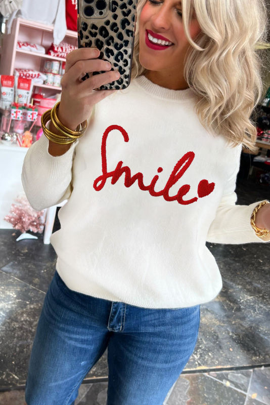 Beige Smile Round Neck Casual Sweater