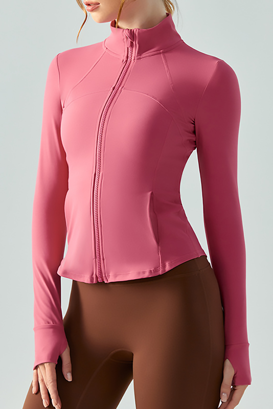 Mineral Red Solid Zipper Stand Neck Yoga Jacket